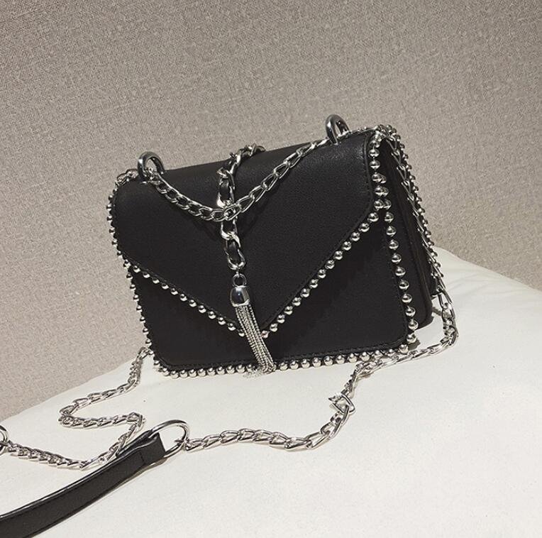 British Fashion Simple Small Square bag Women's Designer Handbag 2021 High-quality PU leather Rivet Tassel Chain Shoulder bags