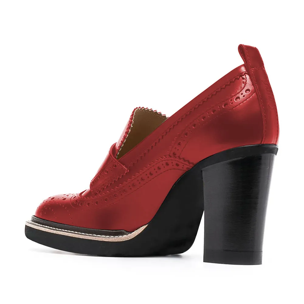 Red Vegan Leather Round Toe Oxford Style Chunky Heeled Loafers