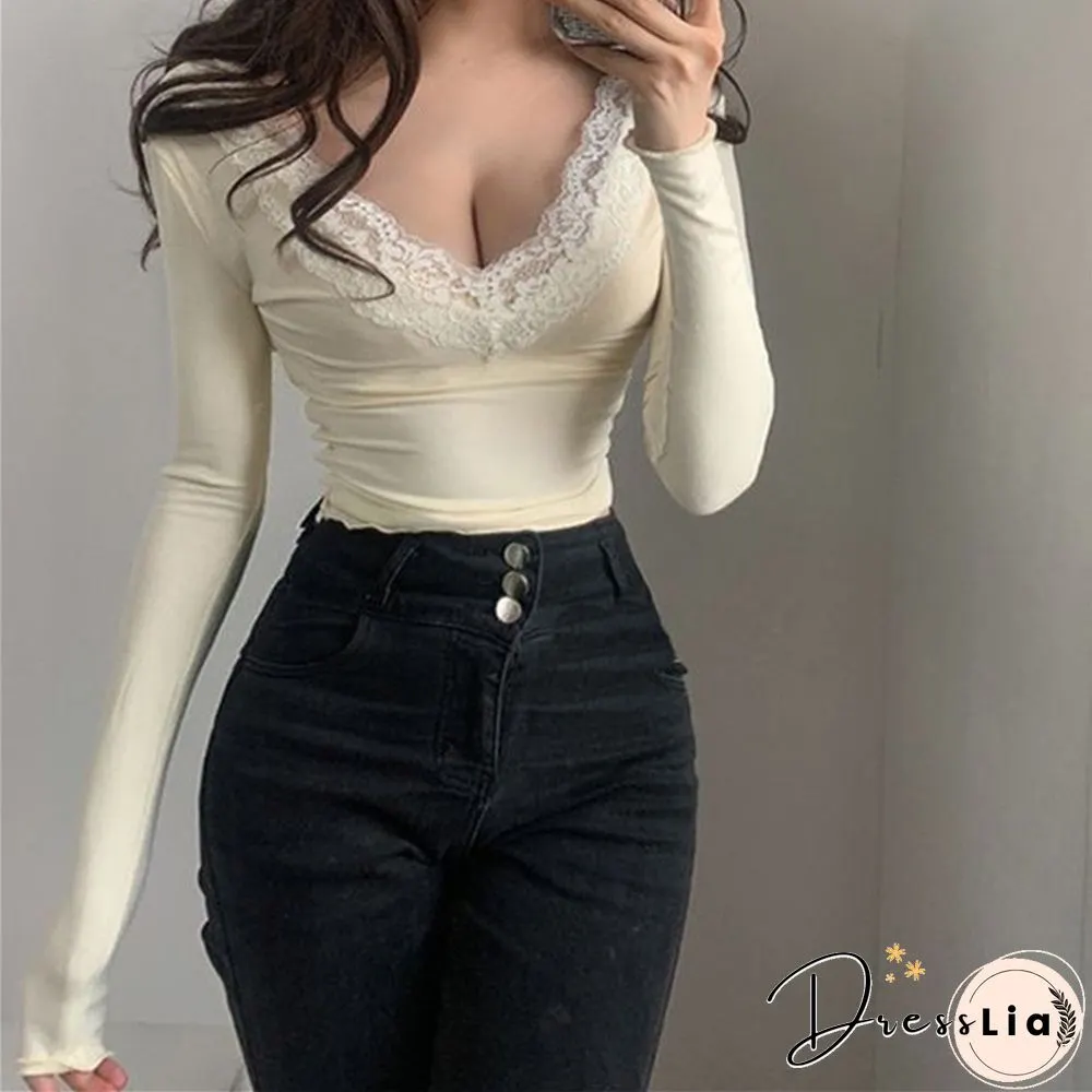 Y2K Sweet Style Women Deep Neck Skinny Korean Tee Fashion Long Sleeve T-Shirt Autumn