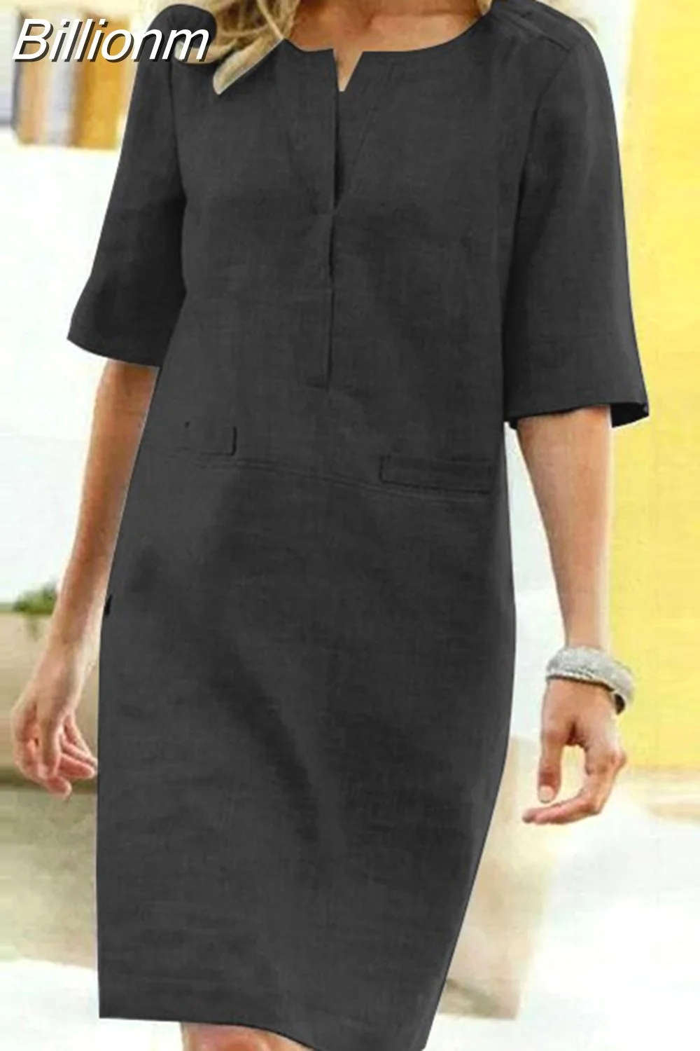 Billionm Color Button O Neck Cotton Linen Summer Dress Women Vintage Short Sleeve Pocket Knee Dress Casual Loose Plus Size Dresses