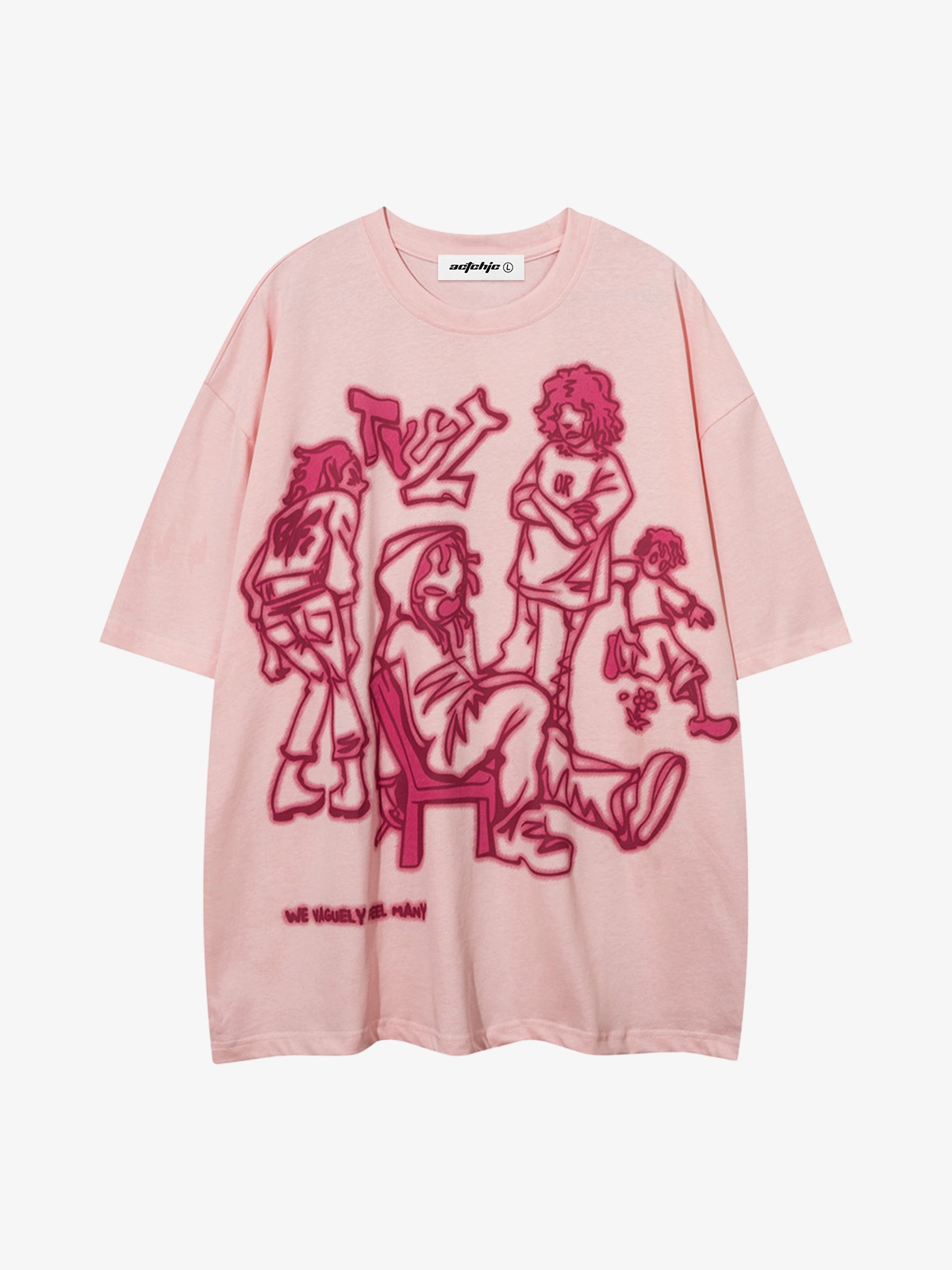 Pink Actchic Cartoon Line Character Print High Street Graphic Tee Front