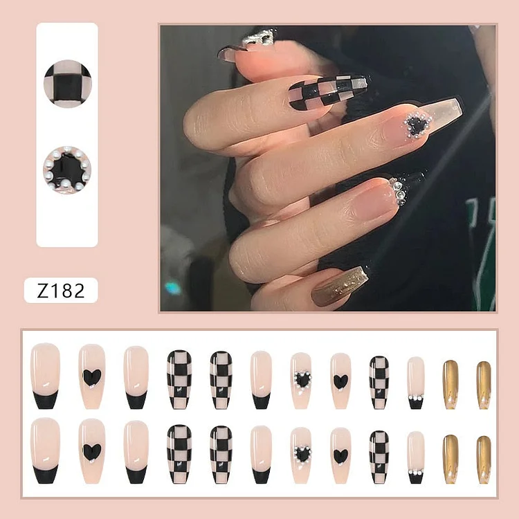 24Pcs Black Grids Heart Designs False Nail With Rhinestos Full Cover Fake Nails Glue Detachable Wearable Manicure Nail Tips