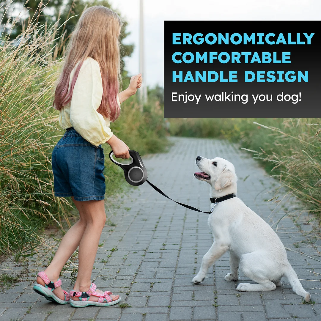 Retractable Dog Leash, 16ft Retractable Leash with Rechargeable LED Light - Tangle Free, Anti Slip Handle, Nylon Tape, One Button Brake & Lock