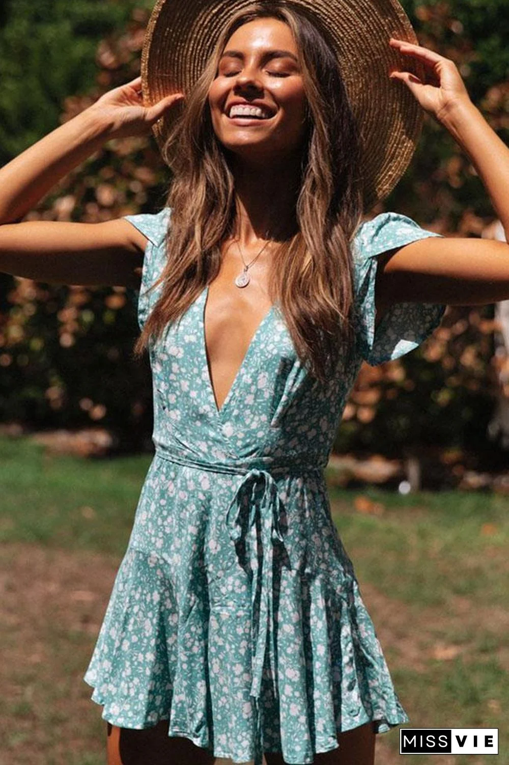 Belted Floral Wrap Front V Neck Beach Mini Dress