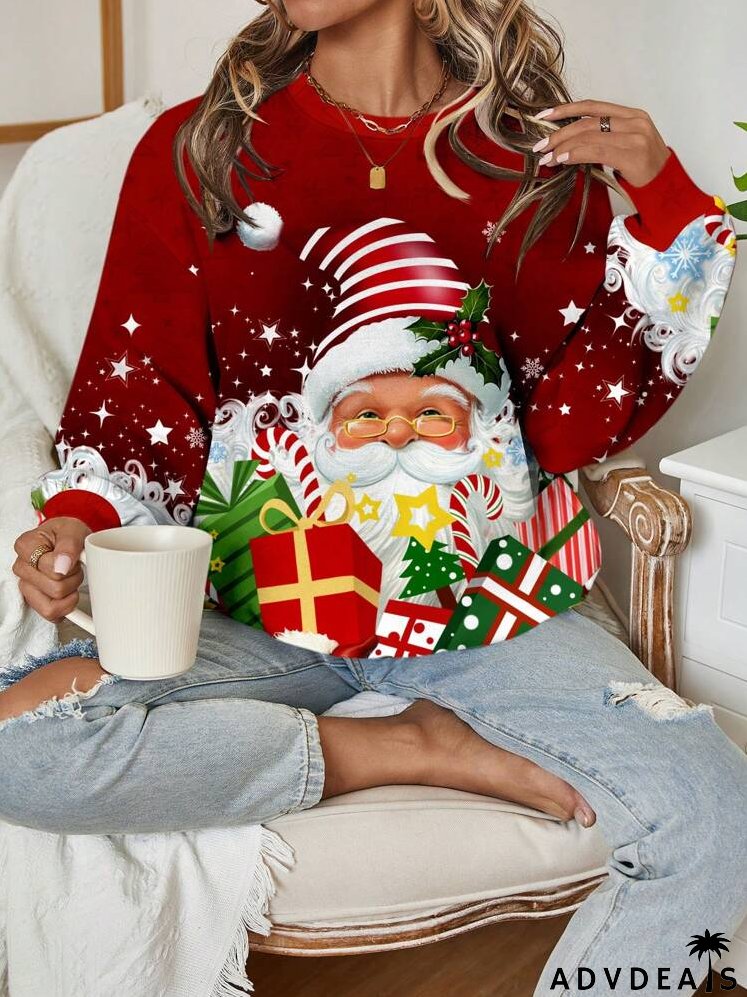 Casual Minimalist Graphic Print Round Neck Long Sleeve Loose Sweatshirt For Women, Suitable For Summer