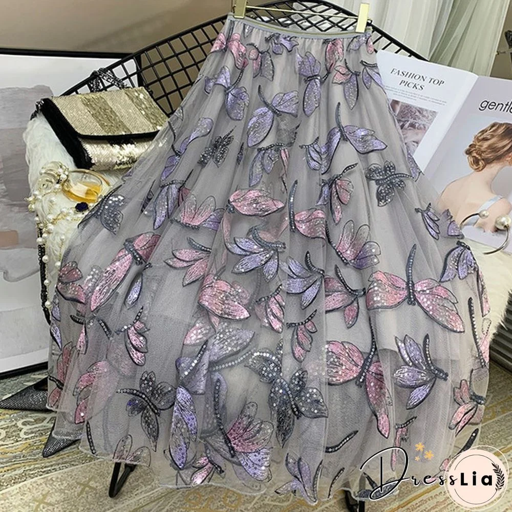 High Quality Sequins Embroidery Dragonfly Two Layer Mesh Pleated Skirt Women Summer High Waist Long Skirts Womens Elegant
