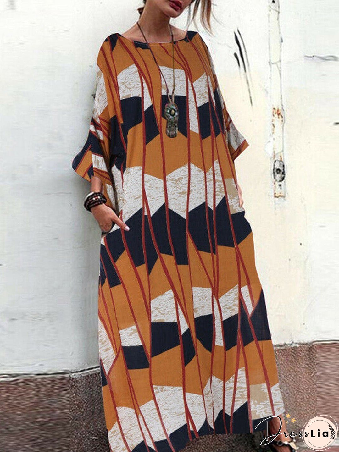 Women's Dresses Loose Printed Pockets Three-Quarter Sleeve Dress