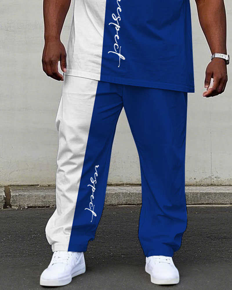 Big & Tall Men's Summer White & Blue Colorblock Handwritten Respect Slogan Printed Short Sleeve T-Shirt Pants Suit