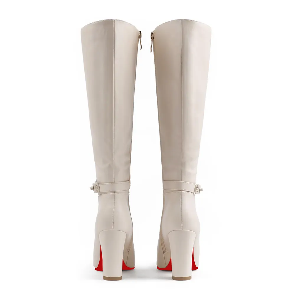 85mm/3.35 inch Women's red bottom matte high heel pointed toe buckle style casual zipper knee high boots-vocosishoes