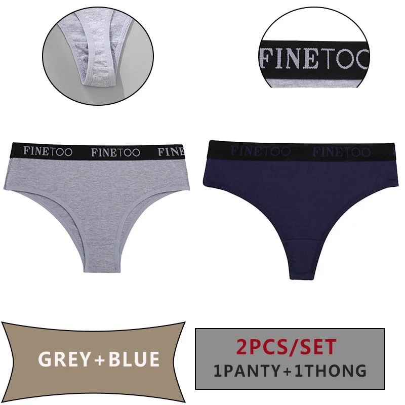 FINETOO 2PCS/Set Women Cotton Panties Sexy Letter Underwear Panty Thong Low Waisted 1Panty+1G-string Brief Tanga Lingerie Femme