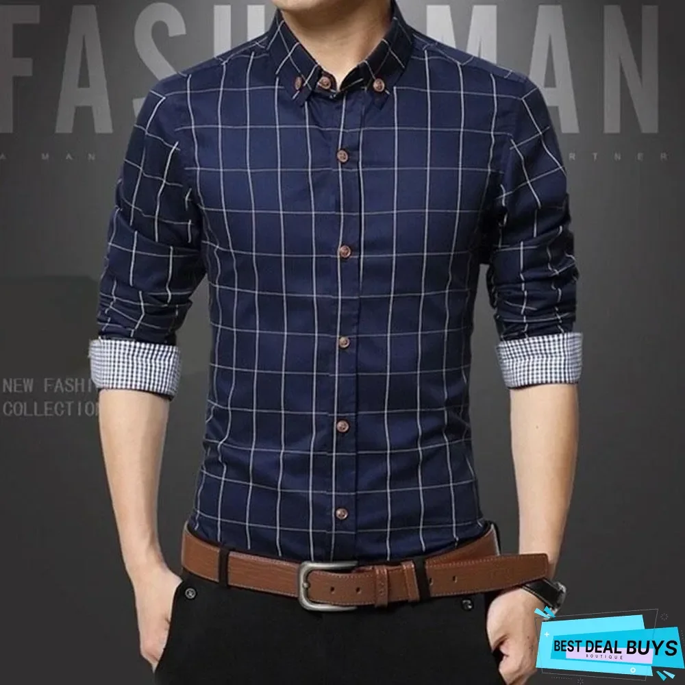 Spring/Autumn Mens Long Sleeve Plaid Cotton Shirts
