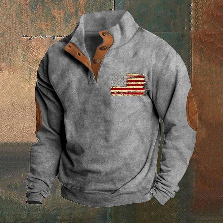 Utbros Men's Retro Flag Print Stand Collar Button Sweatshirt