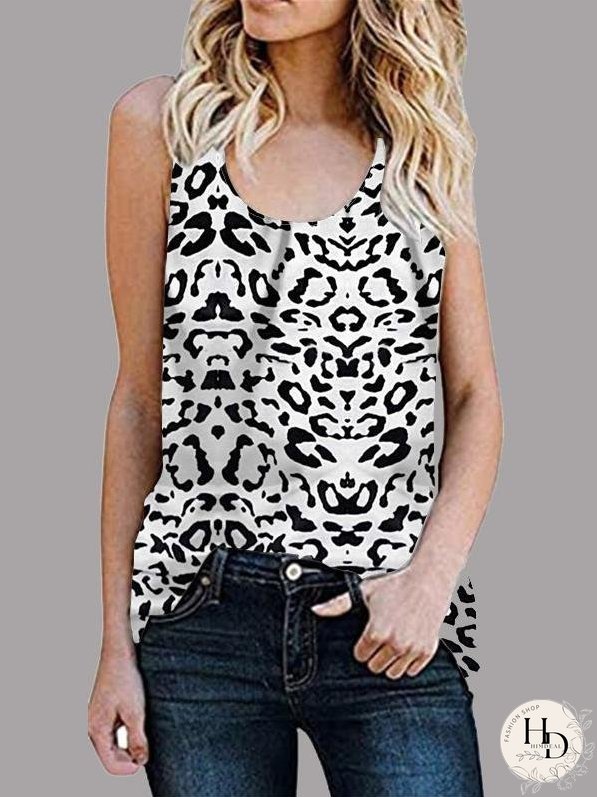 Casual Sleeveless Round Neck Leopard Vest