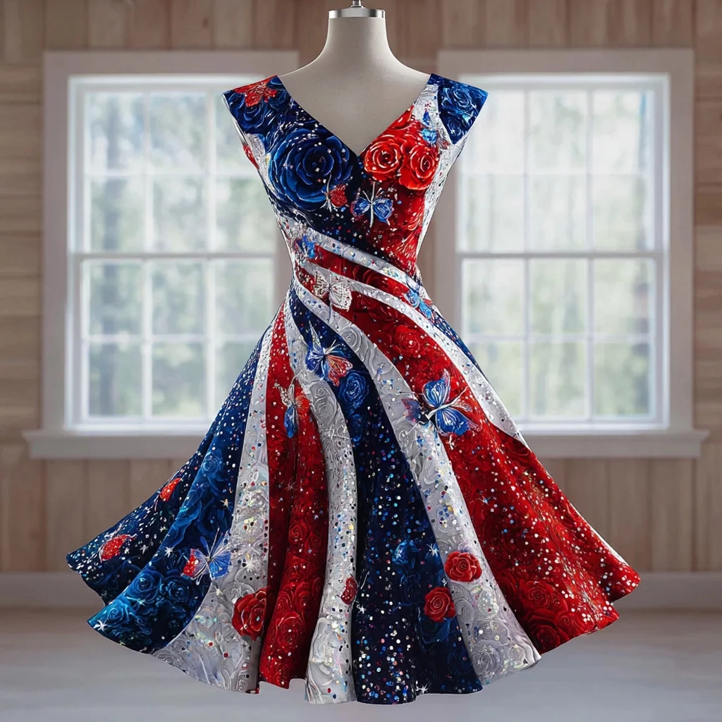 Women's Vintage Butterfly Floral Print Color Block Casual Dress elevenforest