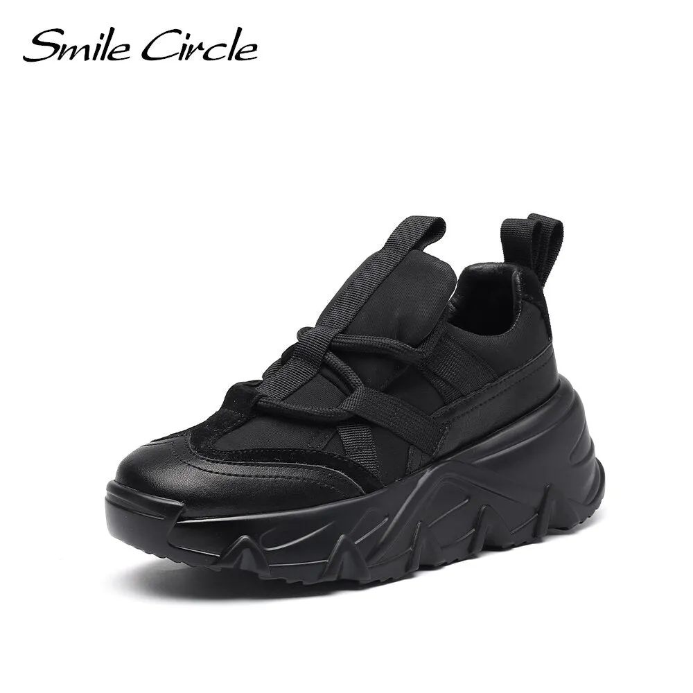 Smile Circle Chunky Sneakers Women Flat Platform Shoes Fashion Lace-up Comfortable 6CM Thick Bottom Casual Shoes for Women
