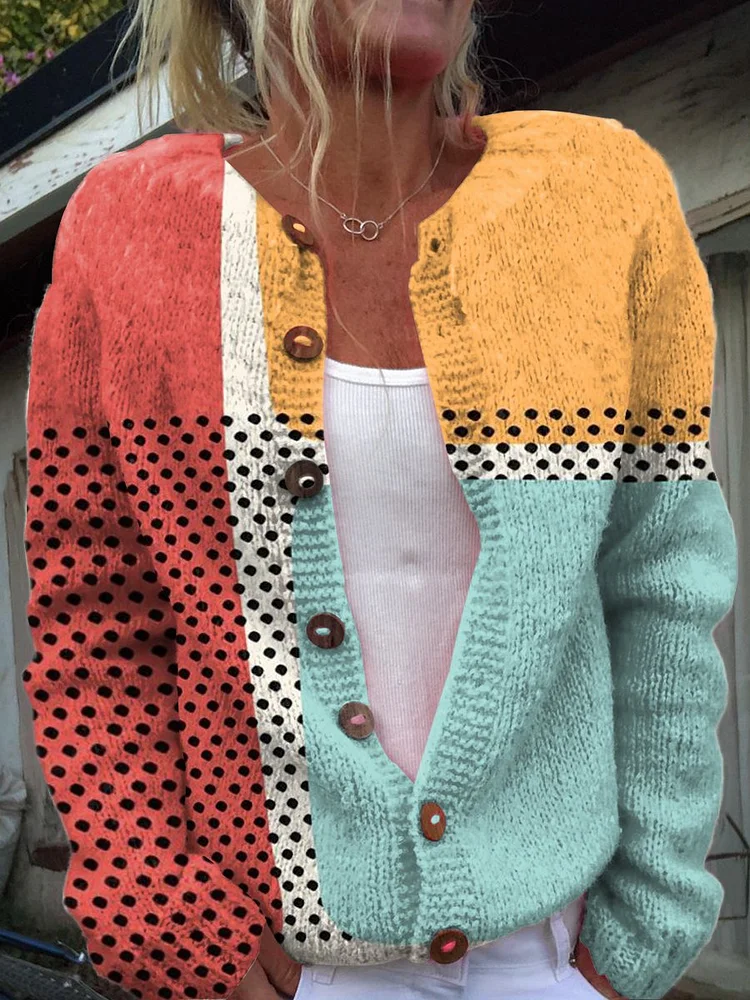 Three-color Color-matching Dot Geometry Print Buttoned Cardigan Sweater