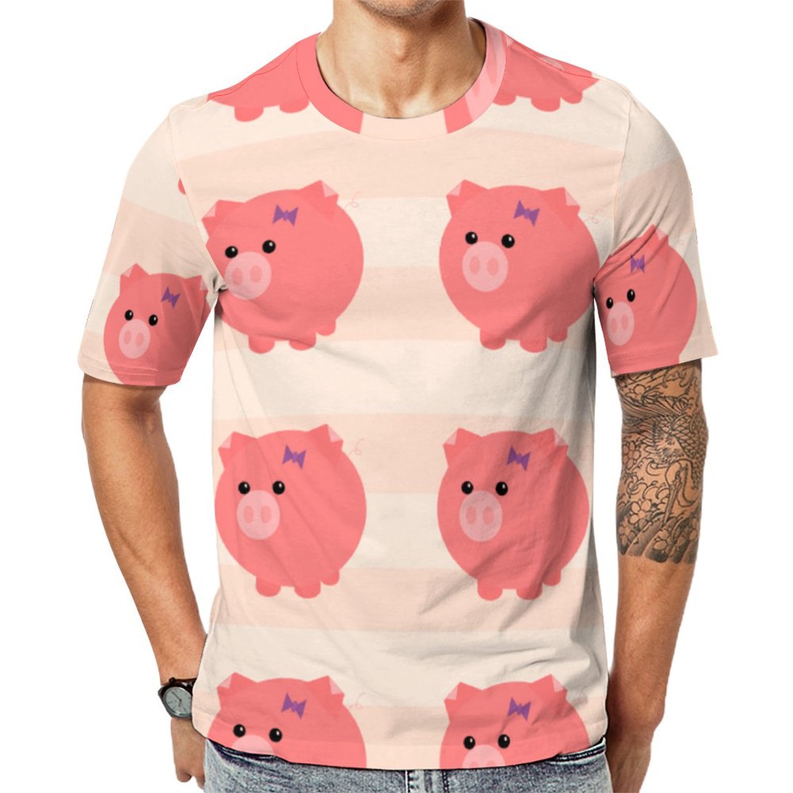 Multiple Cute Chubby Pig With Pink Stripes Short Sleeve Print Unisex Tshirt Summer Casual Tees for Men and Women Coolcoshirts