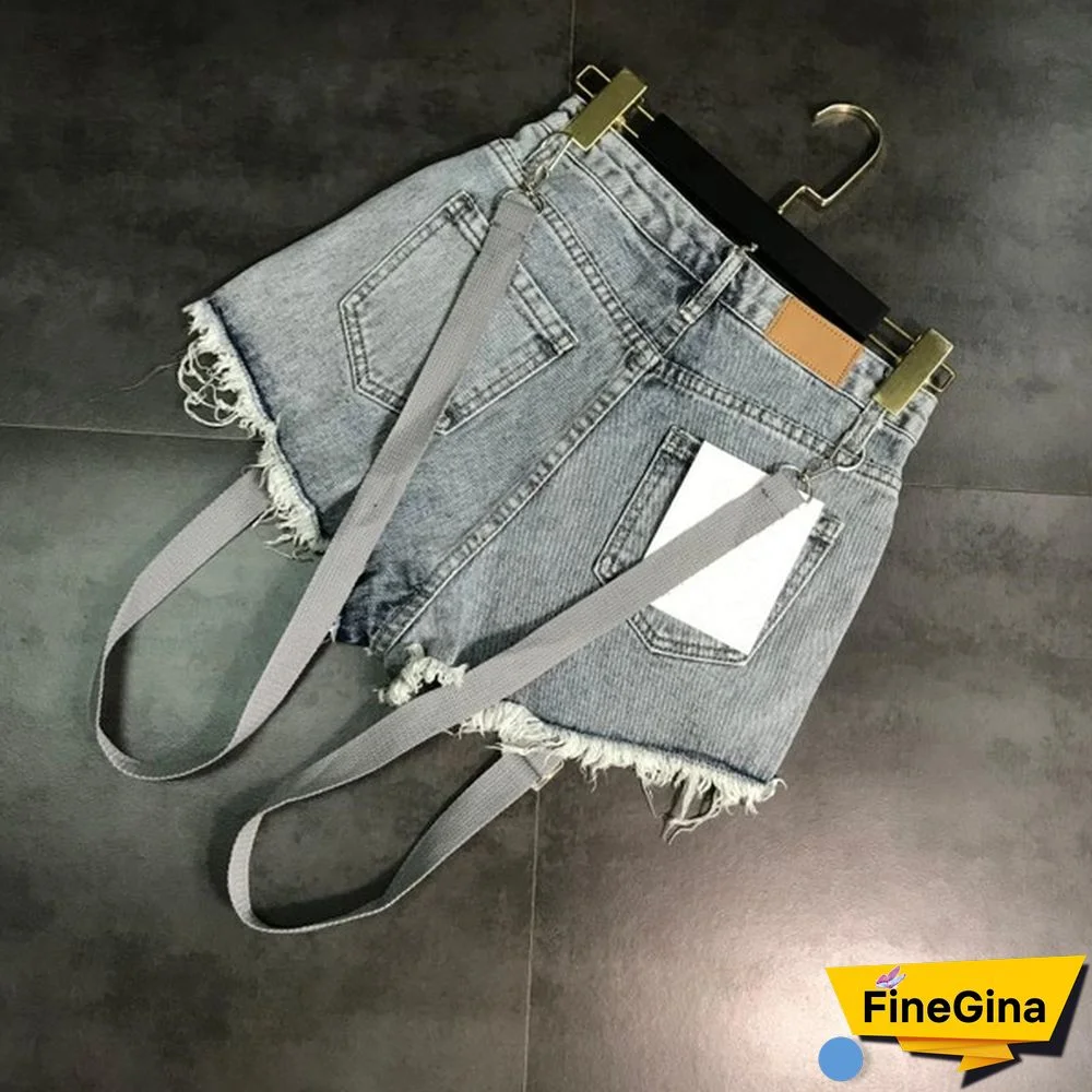 Women Denim Hot Pants Shorts Mini Jeans Rivet Removable Strap Tassels Gothic Punk Sexy