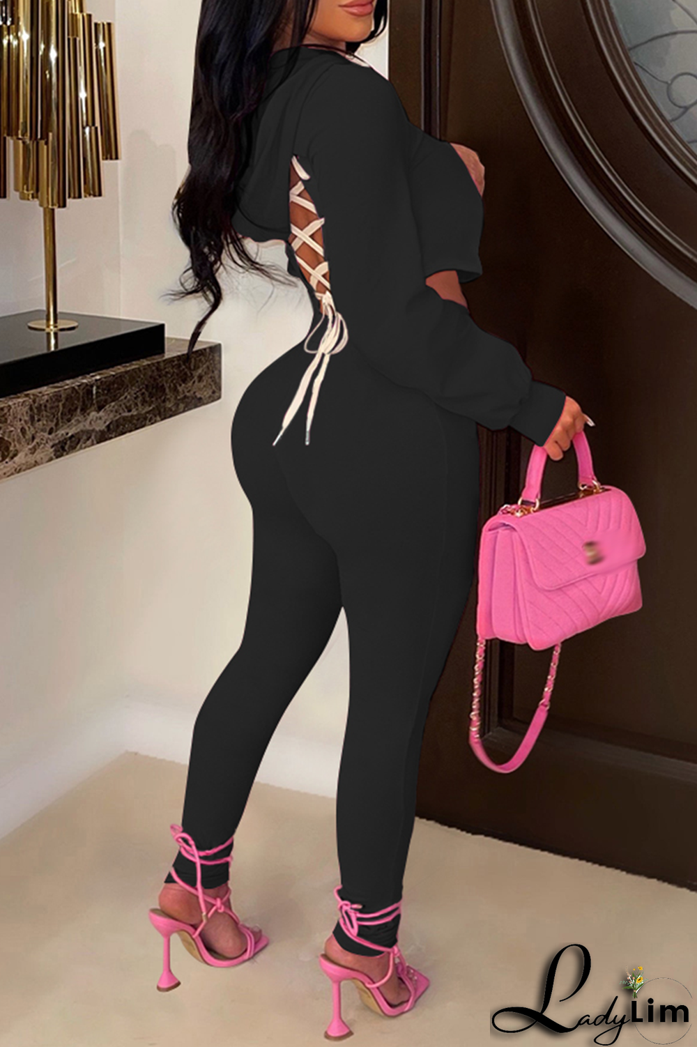 Blue Fashion Solid Patchwork V Neck Long Sleeve Two Pieces