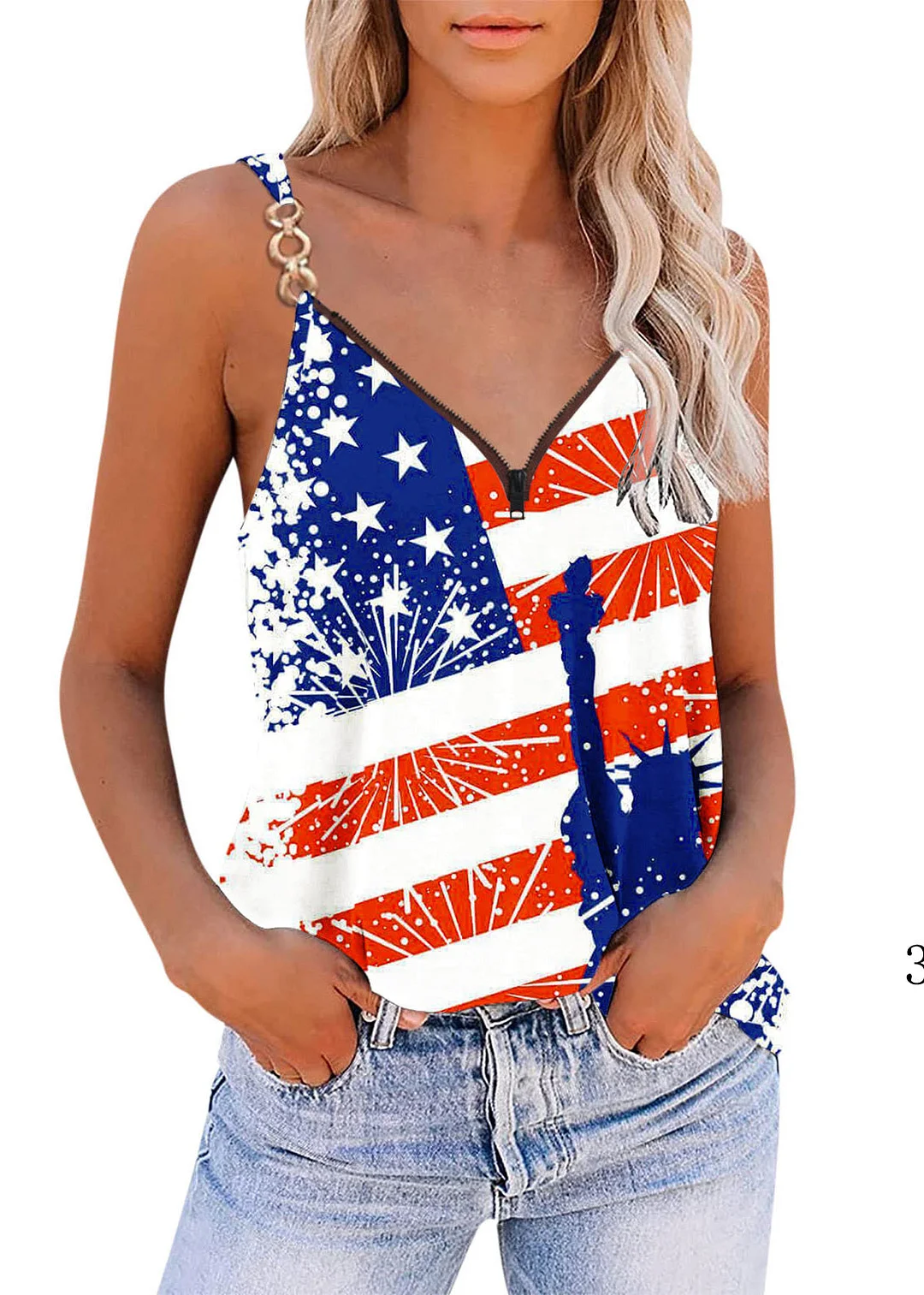Elegant V Neck Zippered Independence Day Theme Print Sequined Spaghetti Strap Tank Tops Summer