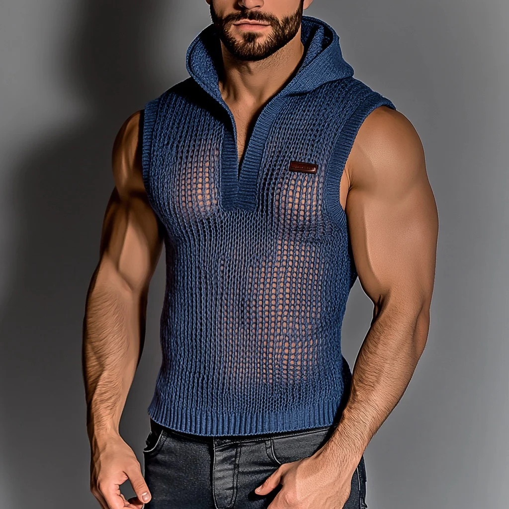 Men's Knitted Solid Color Outdoor Sleeveless Hoodie-inspireuse