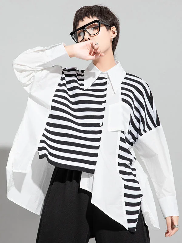 Stylish Asymmetric Split-Joint Striped High-Low Irregular Clipping Split-Back Blouse