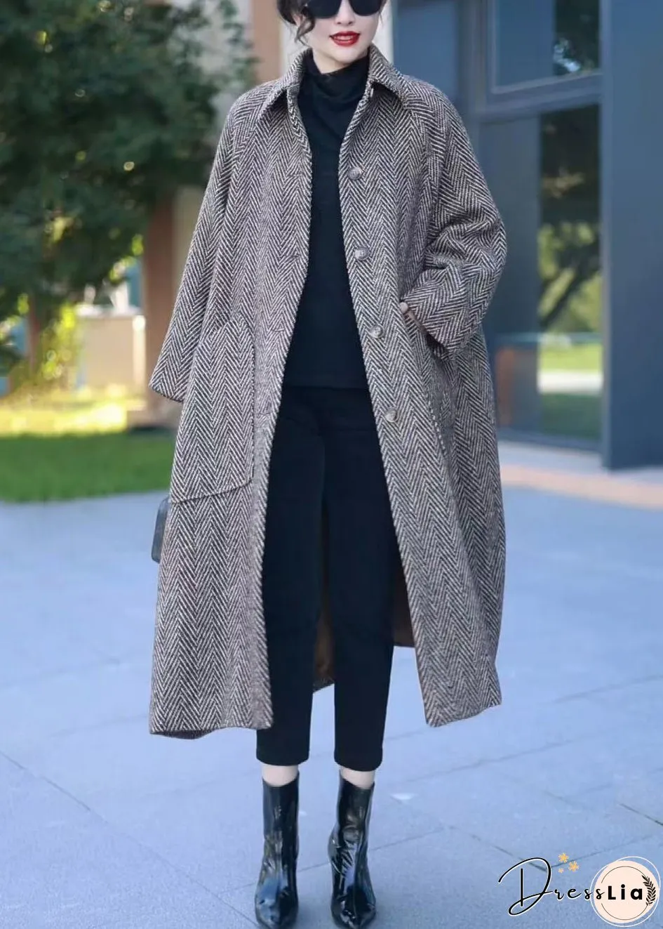 Loose Grey Button Pockets Thick Woolen Long Coat Winter