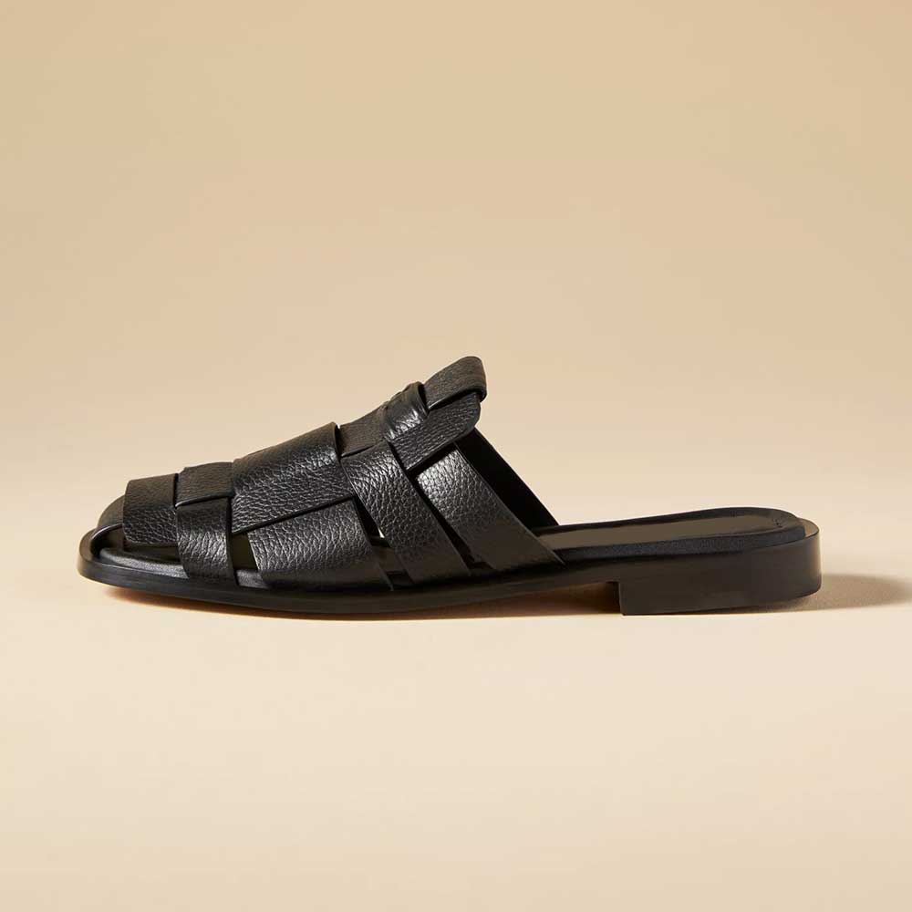 Black Closed Toe Flat Braided Cut-Out Slip-On Mules Nicepairs
