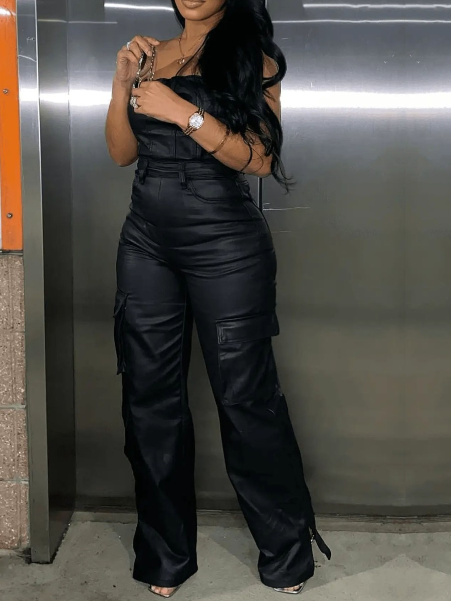 Women's Sexy Faux Leather Off The Shoulder Side Pocket Jumpsuit - Daily Fashion High Street Straight Pocket Female Jumpsuit