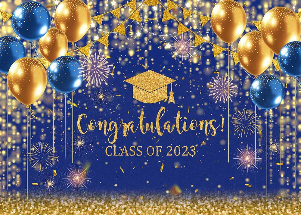 Bule And Gold Balloons Congratulations Class Of 2023 Party Backdrop RedBirdParty