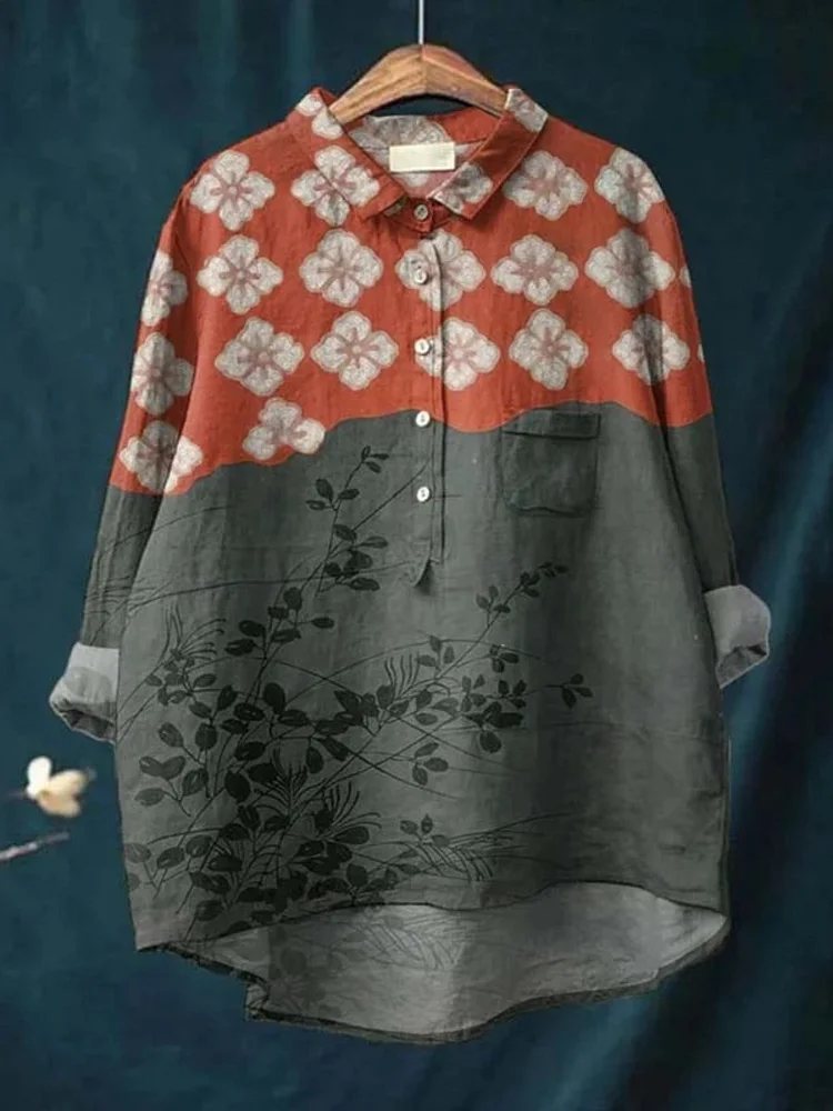 Women's Japanese Art Art Print Casual Cotton And Linen Shirt