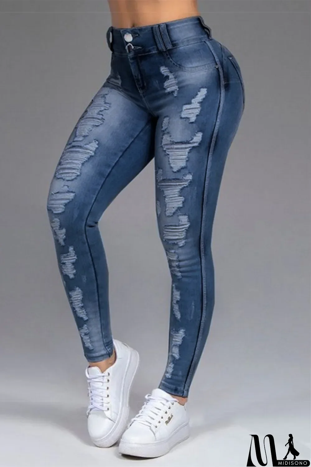 MidiSono - Dark Blue Casual Solid Ripped Mid Waist Skinny Denim