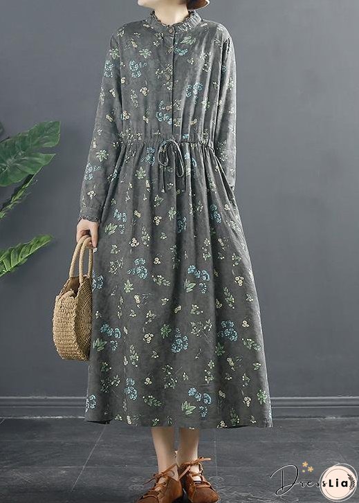 Vivid Drawstring Spring Long Design Gray Print Dresses
