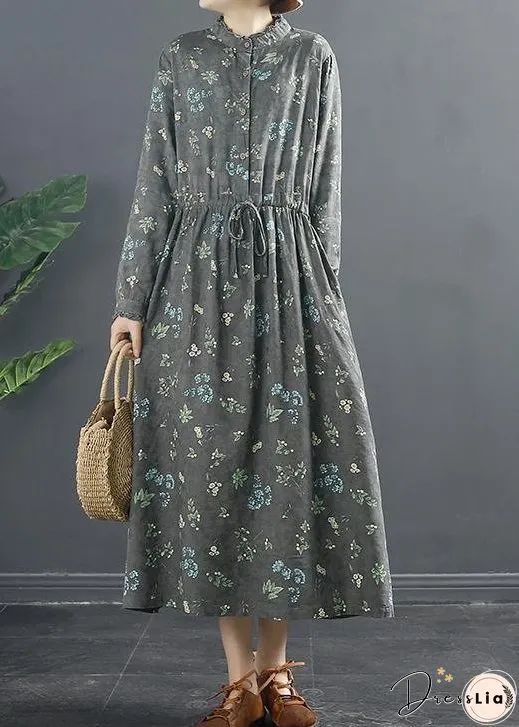 Vivid Drawstring Spring Long Design Gray Print Dresses