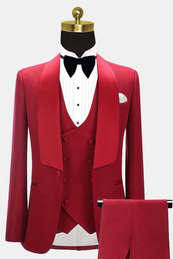 Luxurious Shawl Lapel Red Three Pieces Wedding Grooms Suits | Ballbellas Ballbellas
