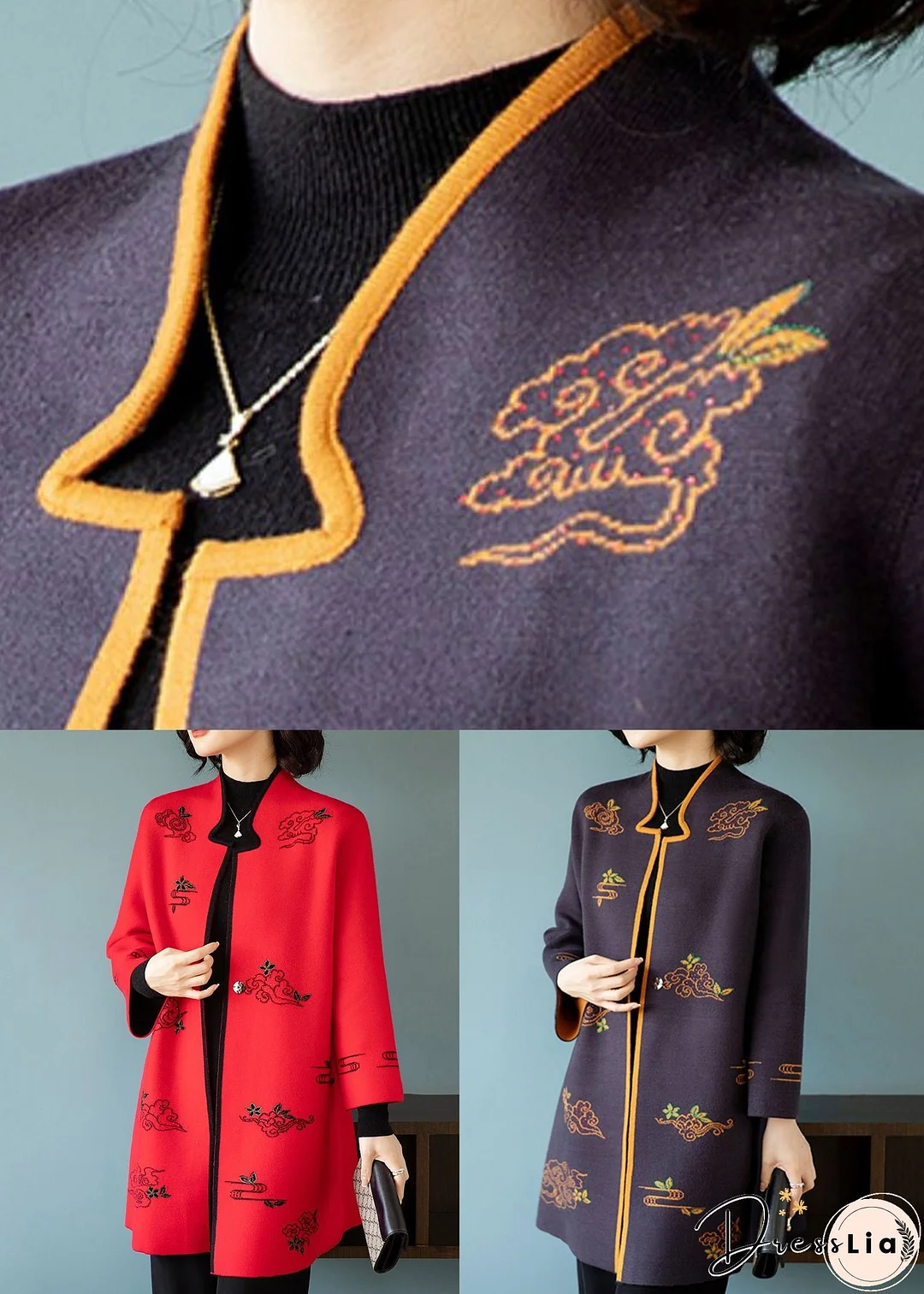 Red Embroideried Stand Collar Patchwork Wool Coats Stand Collar Long Sleeve