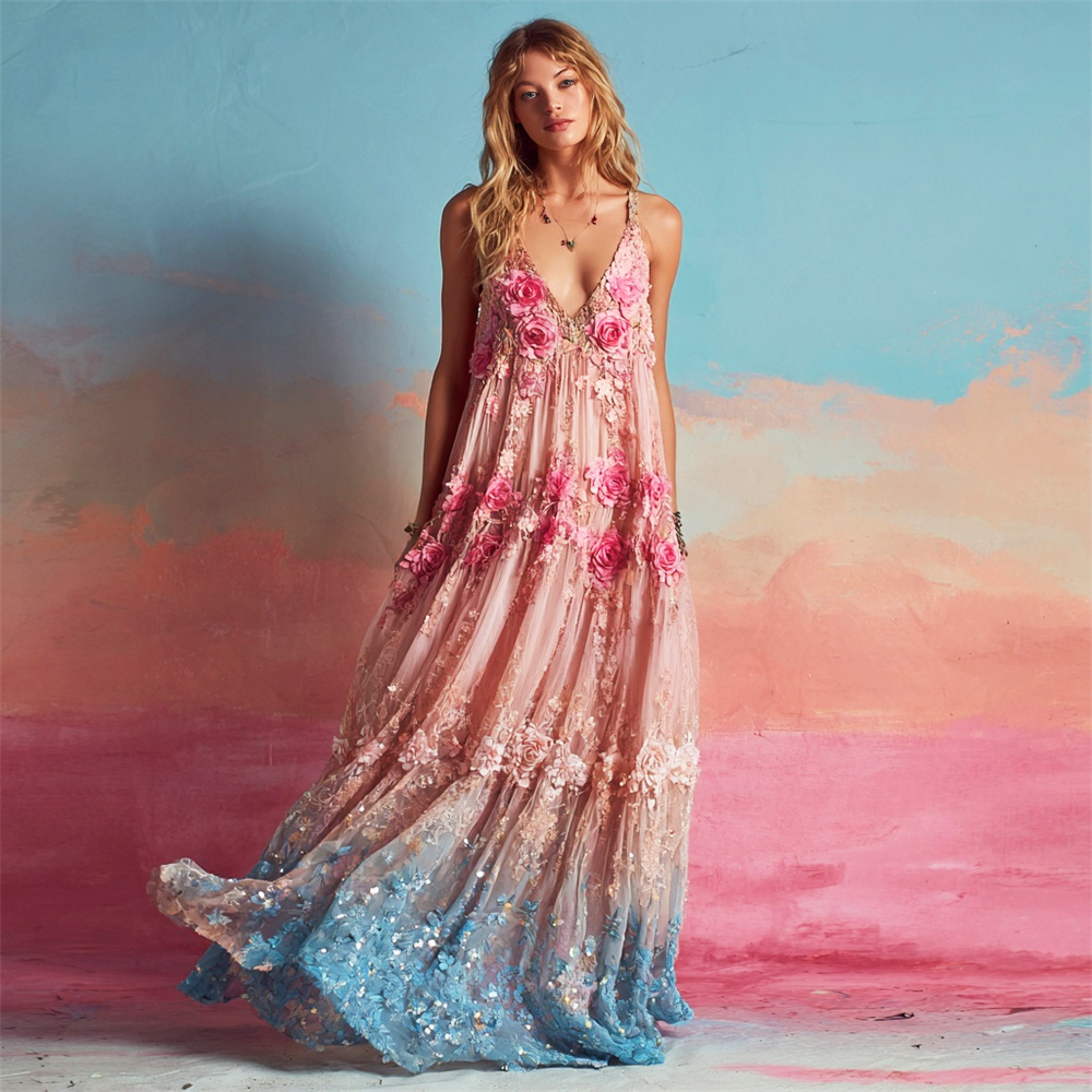 Comstylish Boho Floral Sequin Embroidery Women's Spaghetti Strap Maxi Dress
