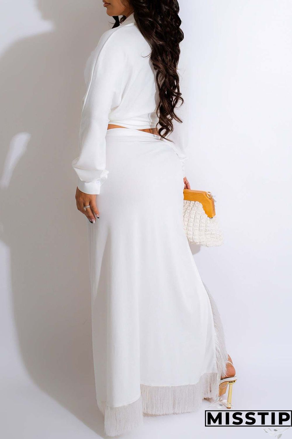 White Casual Solid Frenulum Slit Turndown Collar Long Sleeve Two Pieces