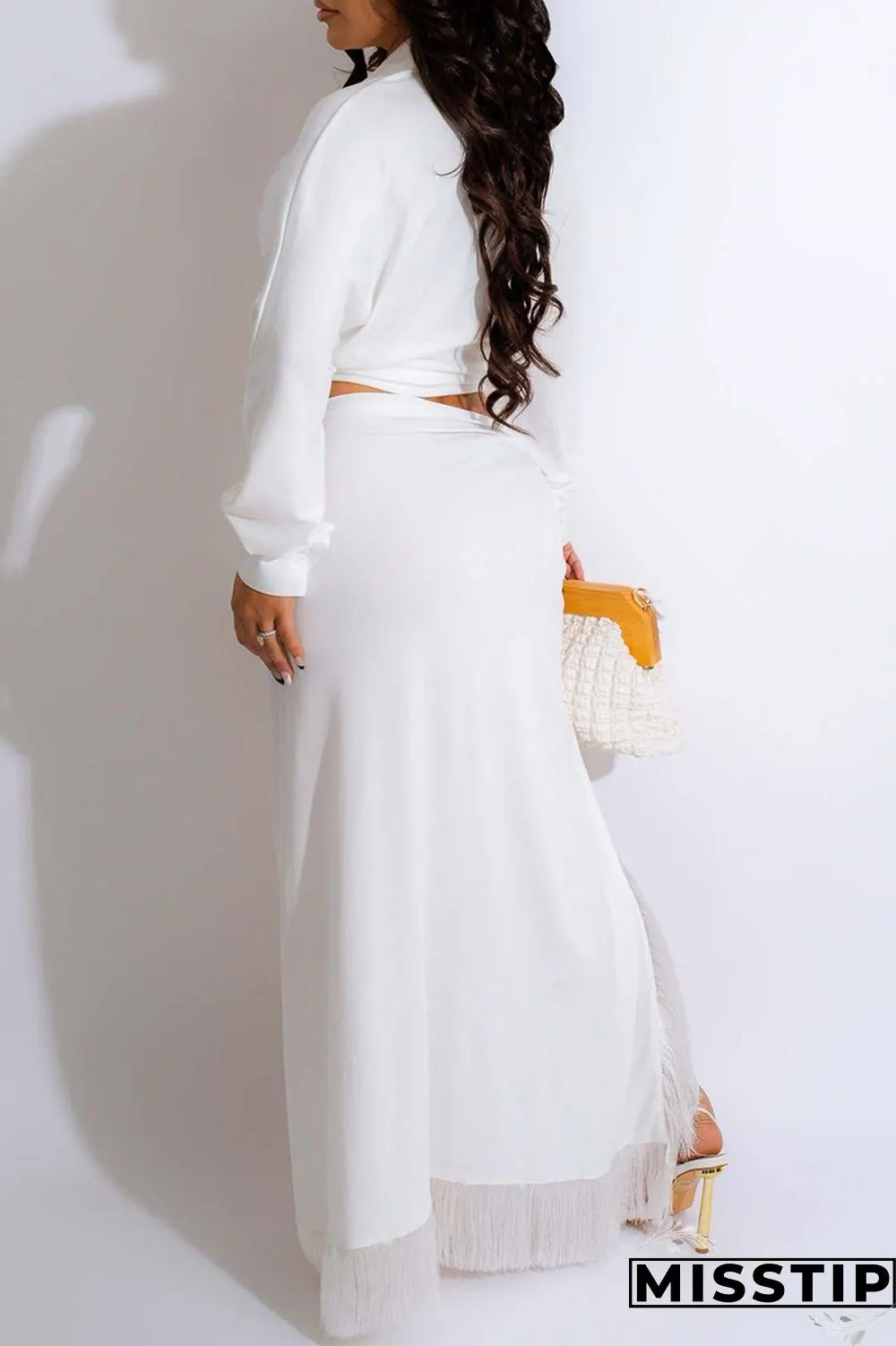 White Casual Solid Frenulum Slit Turndown Collar Long Sleeve Two Pieces