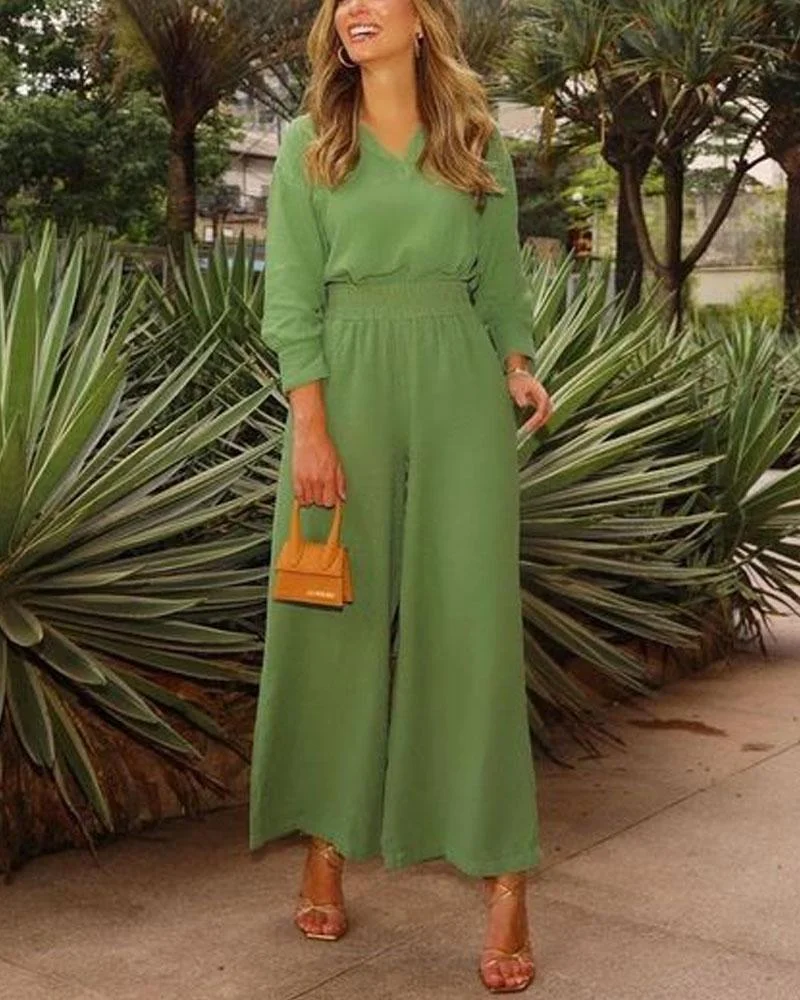 V-neck Top Straight Pants Suit