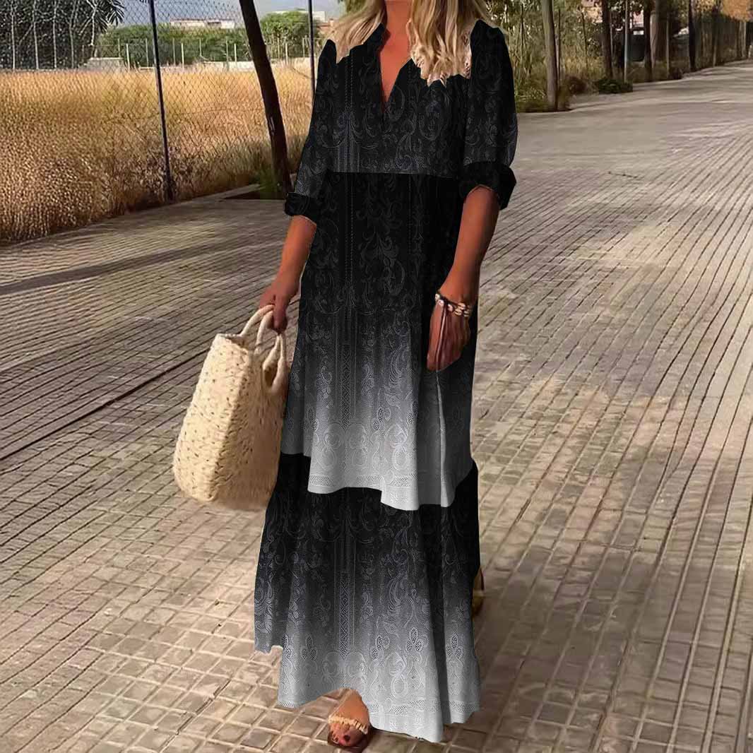 Women Gradient,Black,White DZDN0842 SPU Printed Long Sleeve V-neck Maxi Dress