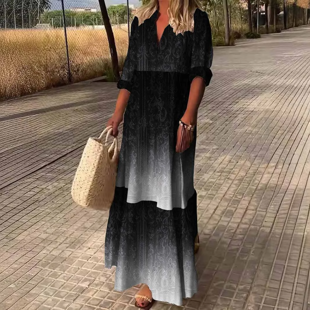 Women Gradient,Black,White DZDN0842 SPU Printed Long Sleeve V-neck Maxi Dress