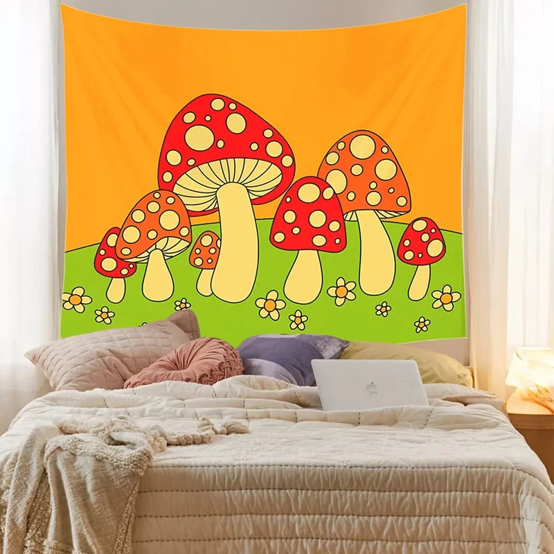 Mushroom Tapestry Wall Decor Girls Dorm Room Wall Hanging Aesthetic Room Let's Take a Try Psychedelic Wall Decoration INS Print