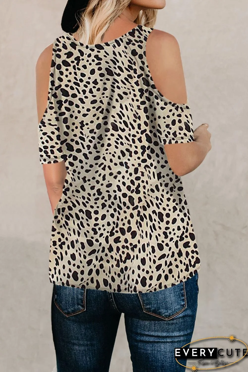 Beige Cheetah Print Cold Shoulder Top
