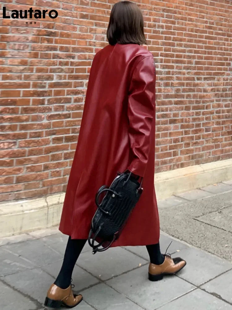 Huiketi Autumn Long Oversized Wine Red Leather Trench Coat for Women Long Sleeve Lapel Loose Casual Stylish Korean Fashion 2023