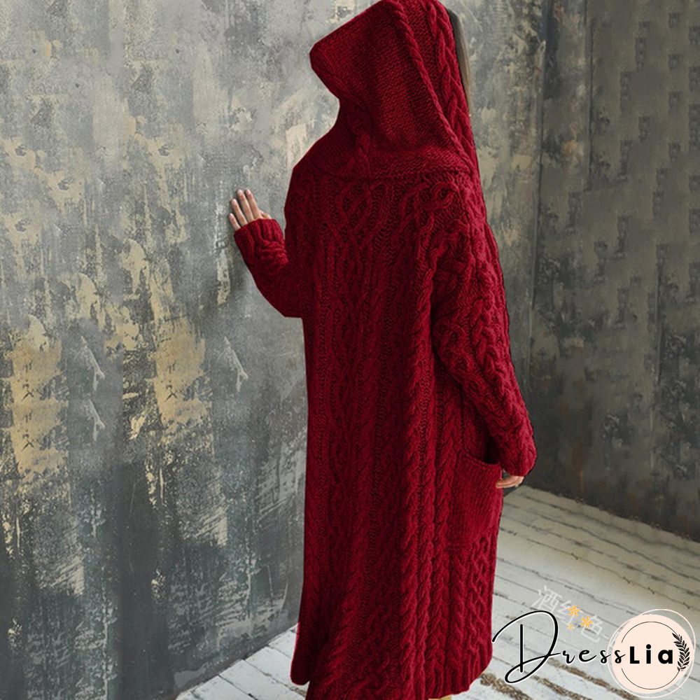HOT Autumn/Winter Fashion Womens Coat Knit Hooded Sweater Loose Mid-length Casual Streetwear Knitted Cardigan Jackets for Women Outwear vestidos mujer Plus Size casacos de inverno feminino