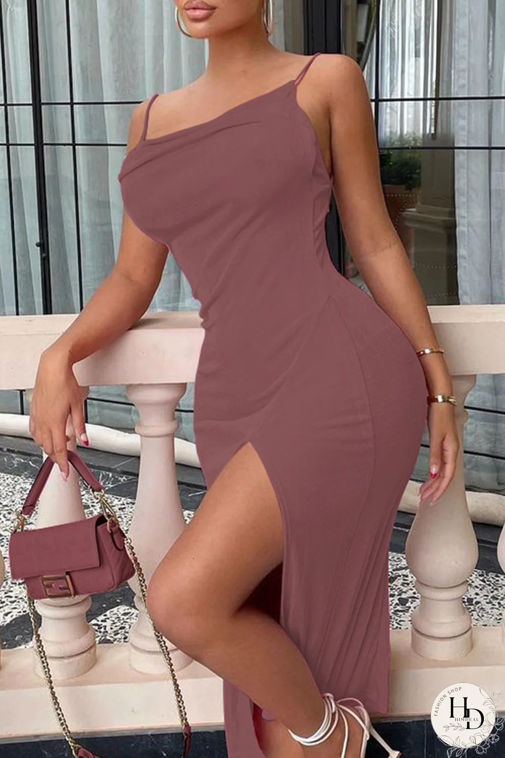 Yellow Sexy Solid High Opening Spaghetti Strap Pencil Skirt Dresses