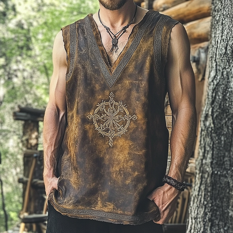 Men's Distressed Viking Rune Leather Lounge Vest