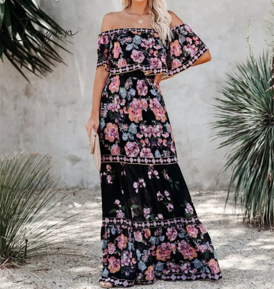 Ingvn - Summer Women’s Dress White Floral Off The Shoulder Long Female Streetwear Casual Elegant