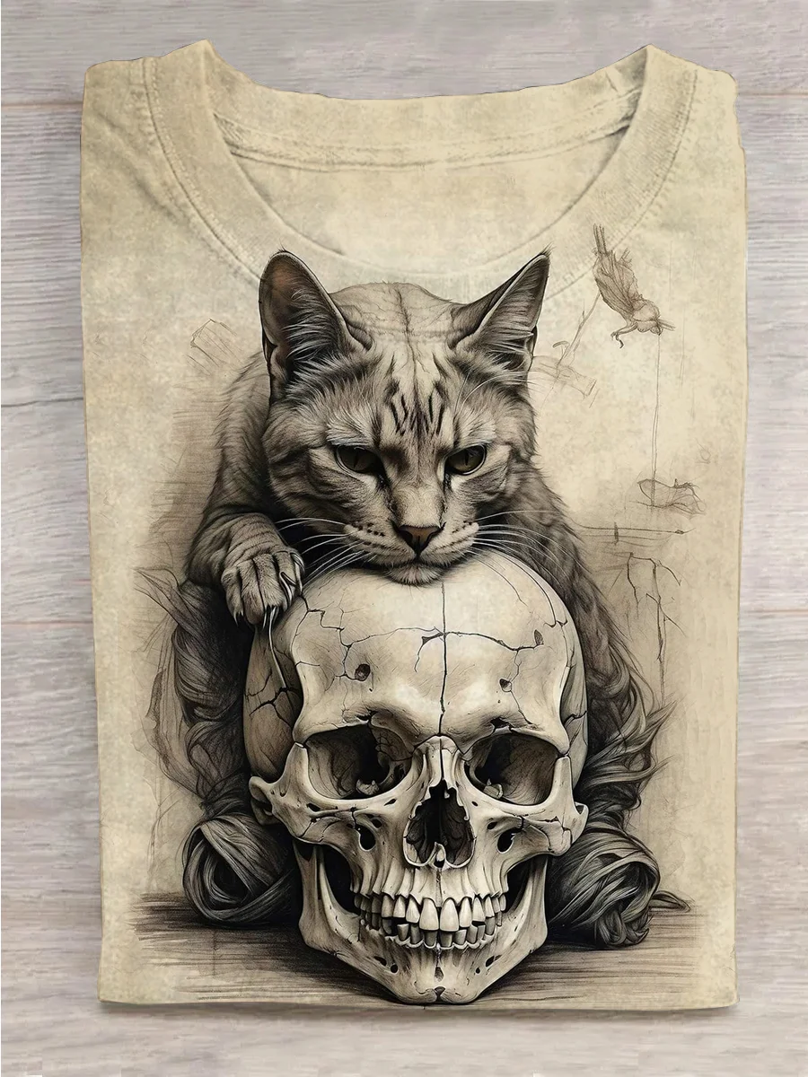Eagerlys Cat Lying on Skull T-shirt Eagerlys